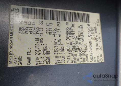 2016 Nissan Murano S z USA, uszkodzony, nr VIN 5N1AZ2MHXGN154956